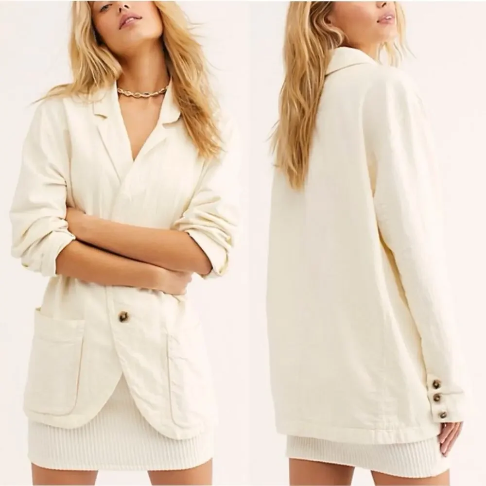 Free People Simply Perfect Linen Blazer Natural Tan Medium Oversized Jacket M